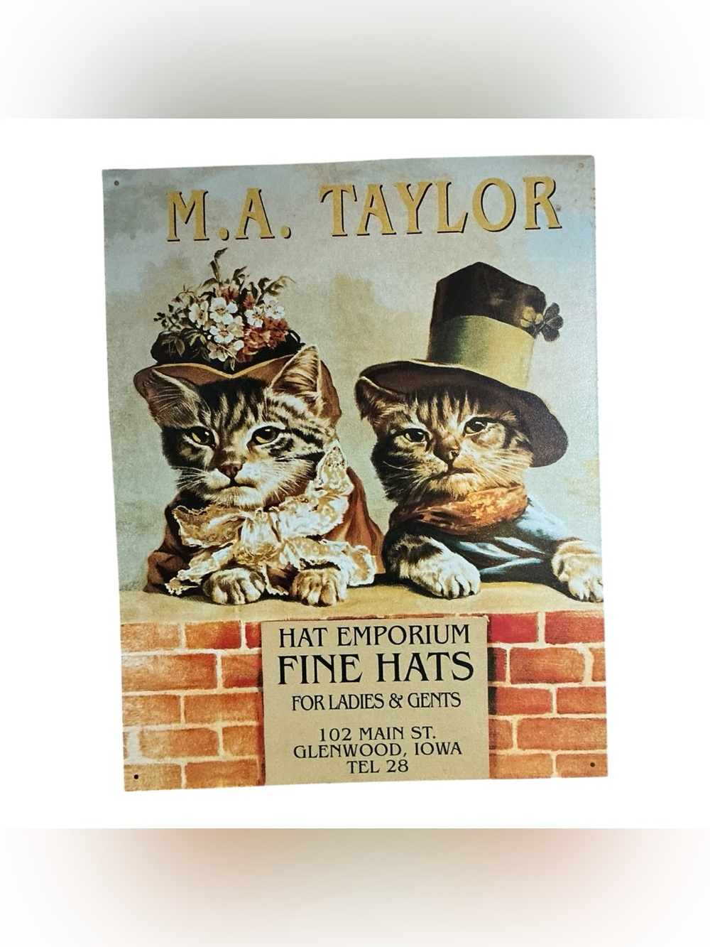 Vintage Replica Tin Metal Sign M.A. Taylor Hat Emporium Fine Ladies & Gents